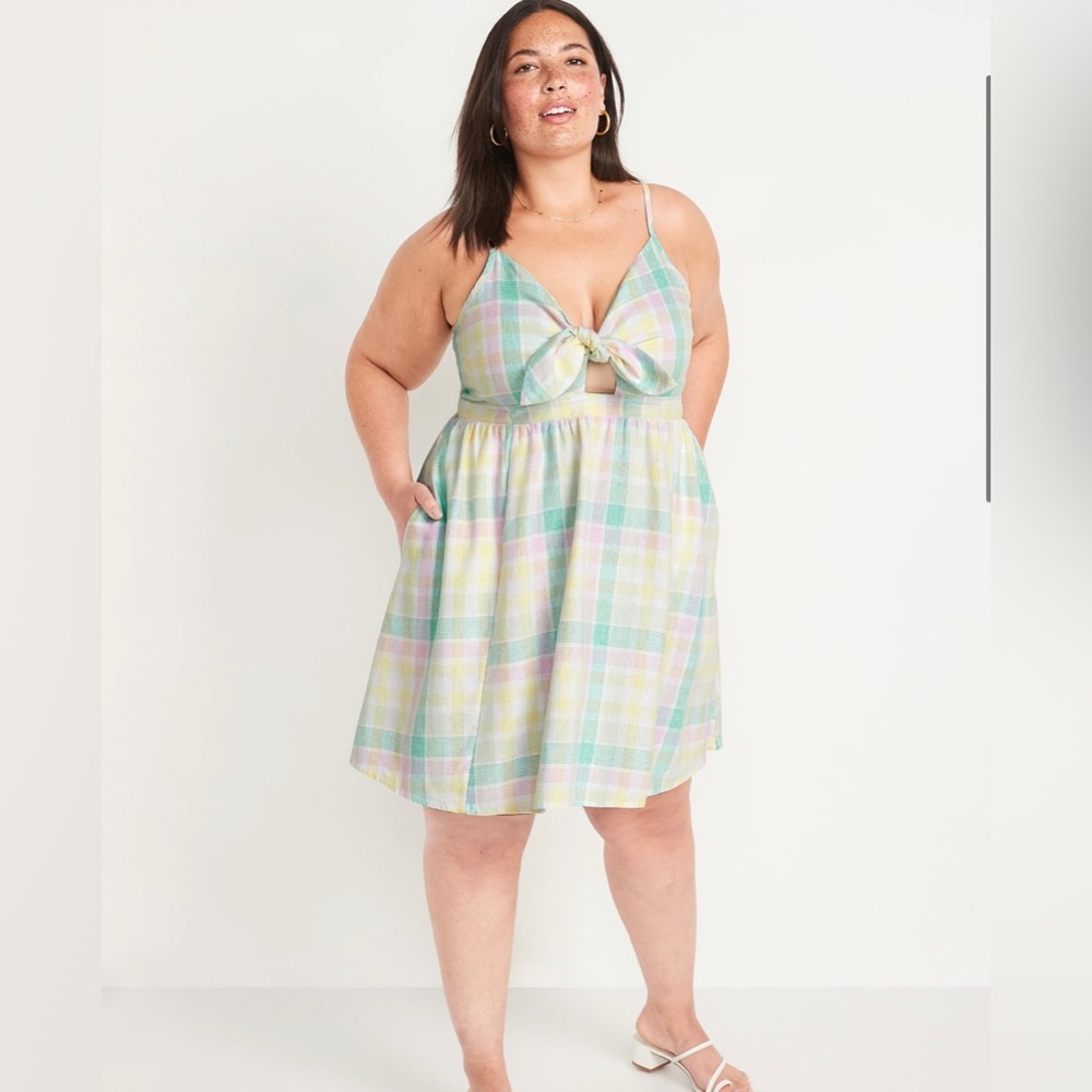 Green madras Fit & Flare Tie-Front Smocked Printed flowy tunic Dress size 4X new - Picture 1 of 8